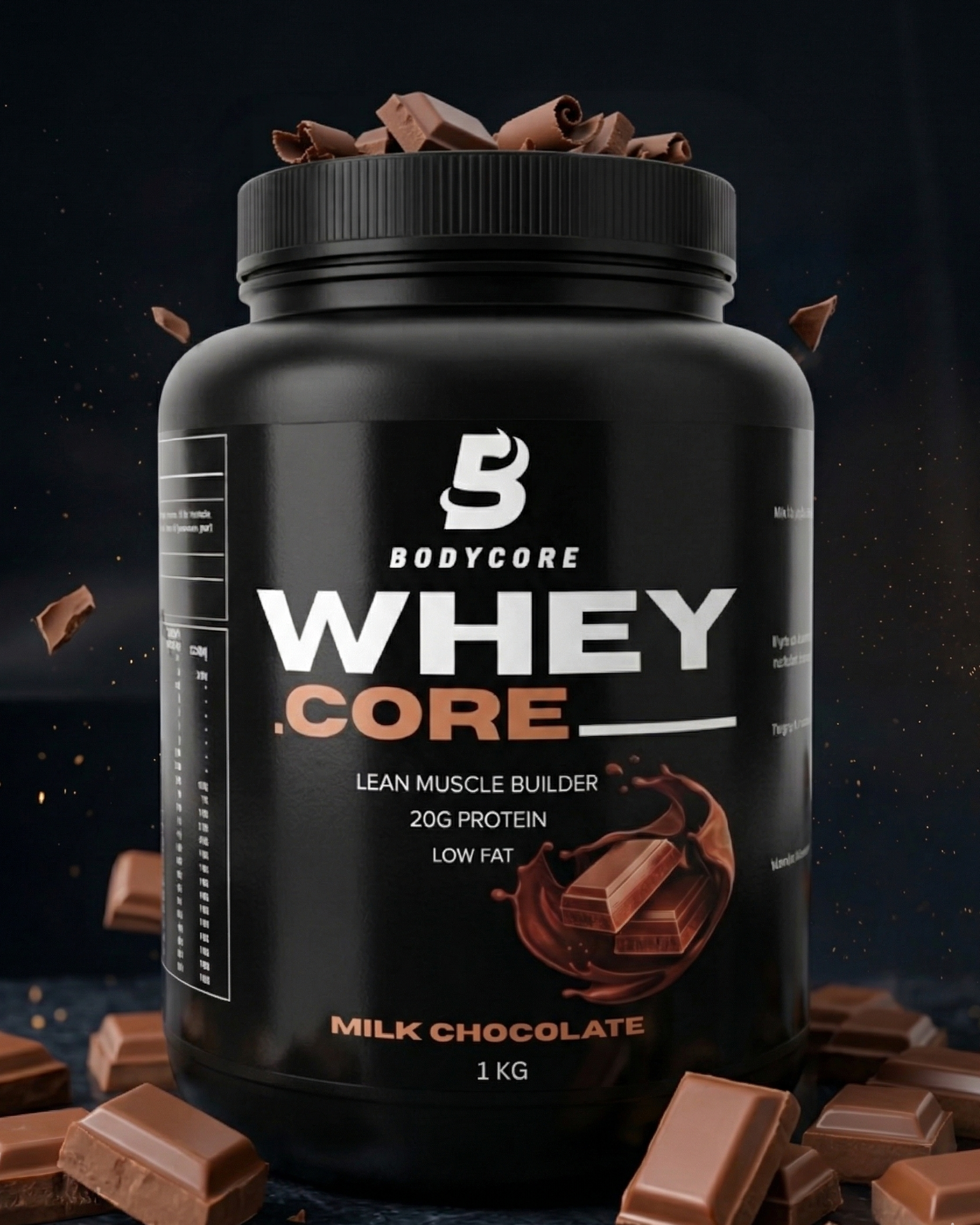 Bodycore Whey Core protein powder container with chocolate pieces on a dark background