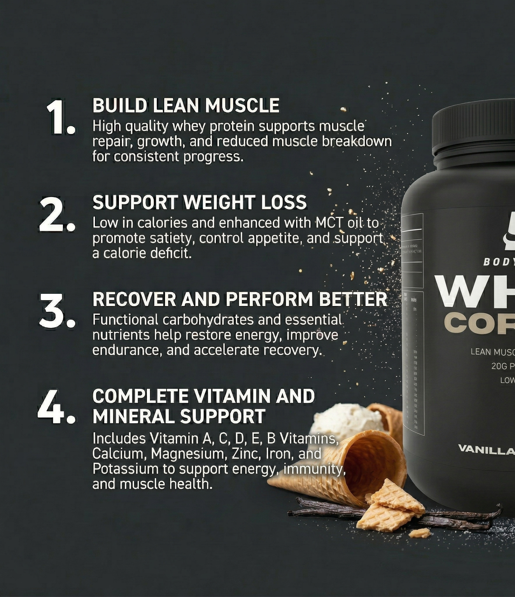 Bodycore Whey Core protein supplement with vanilla ice cream flavor on a dark background