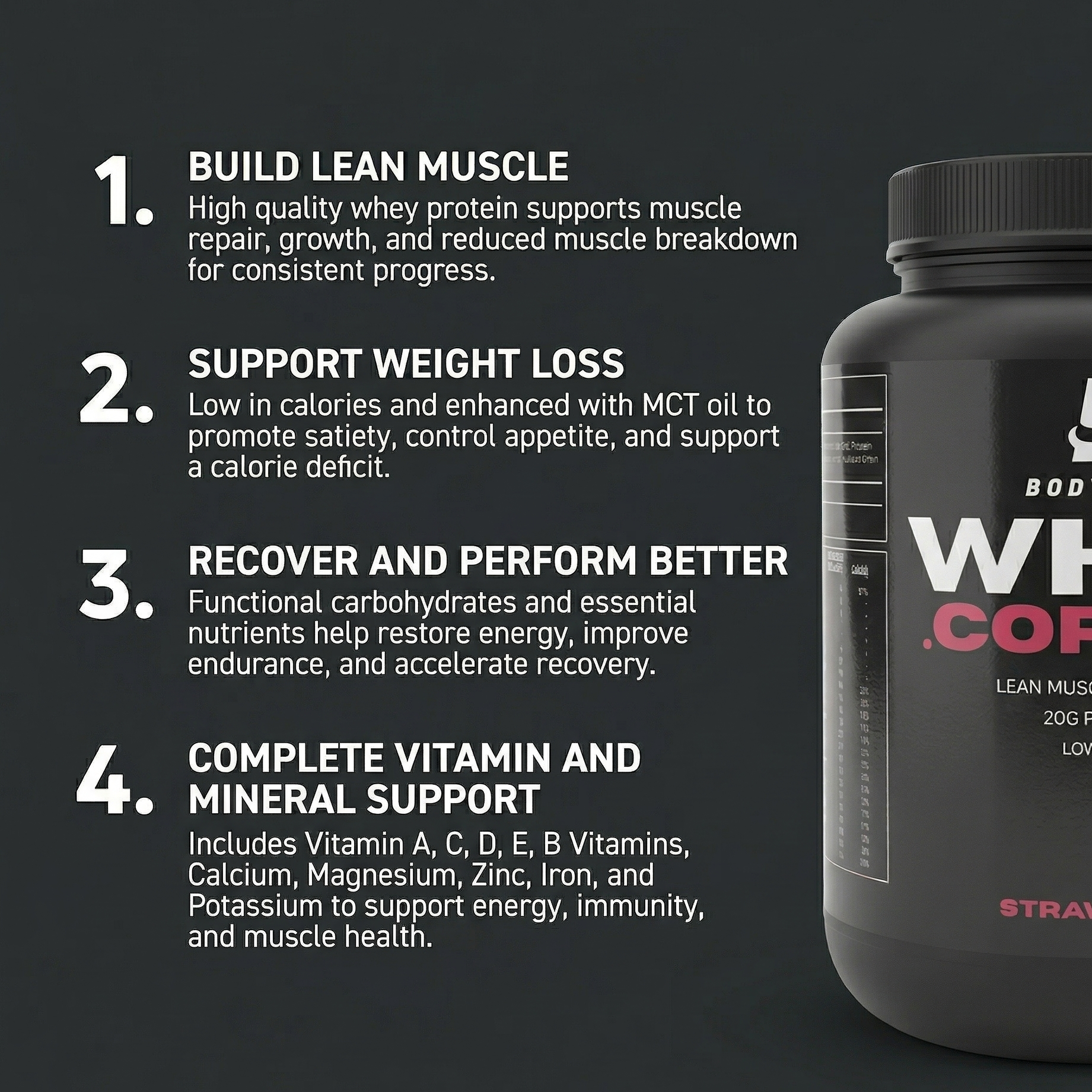 Bodycore WheeCore protein supplement with features listed on a black background