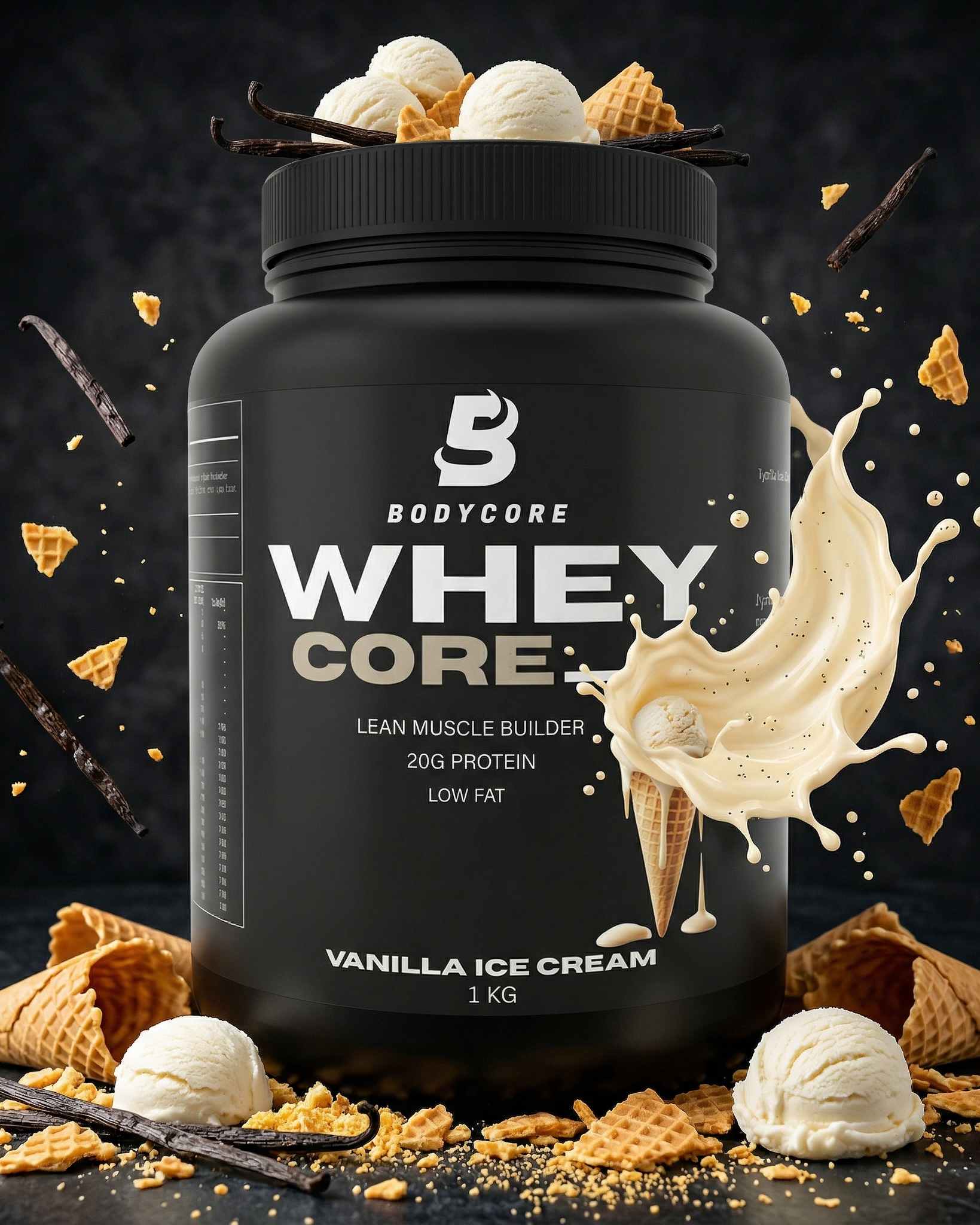 Bodycore Whey Core vanilla ice cream protein powder container with vanilla ice cream and waffle cones on a dark background